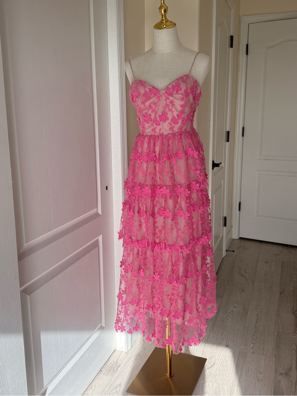 Endless Rose Pink Floral Tiered Lace Midi Dress with Spaghetti Straps - Picture 4 of 7